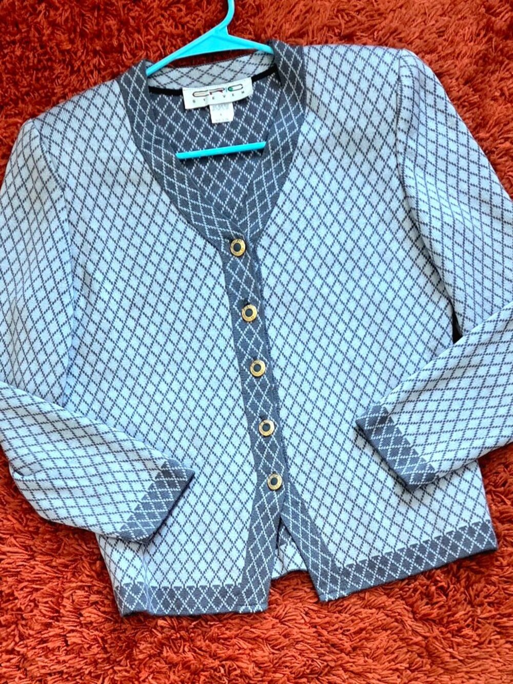 Vintage CRC Steven Cardigan – Size 6 – Made in USA – White & Grey Geometric